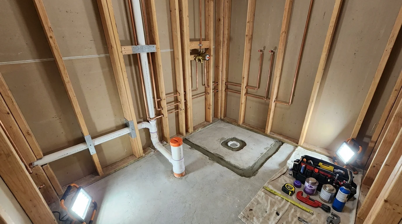 Bathroom rough-in plumbing during remodel by Johns Plumbing LLC in Vandiver
