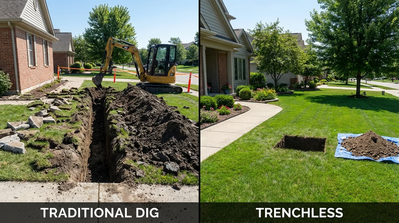 Trenchless sewer repair with minimal yard damage versus traditional excavation in Vandiver, AL