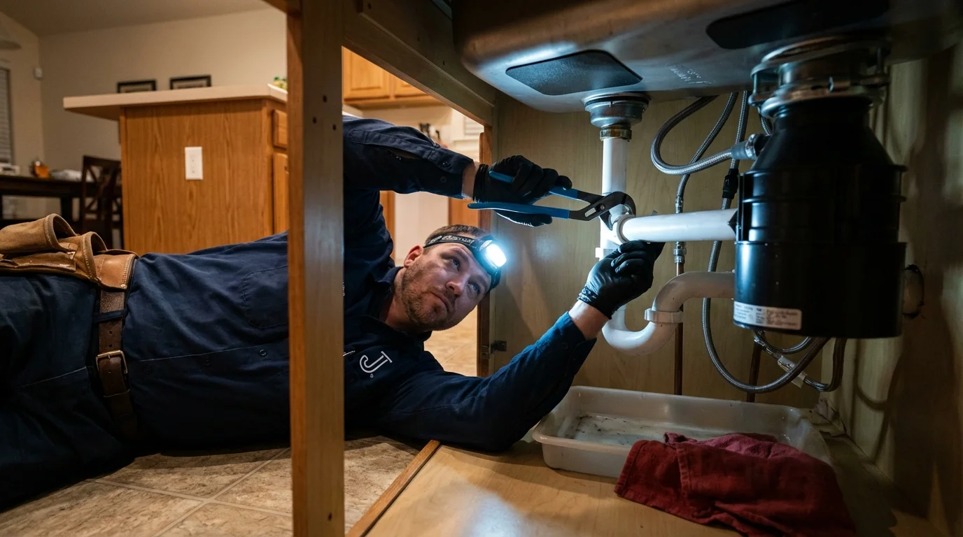 P-trap and supply line connections under a kitchen sink showing a common leak point in Vandiver, AL
